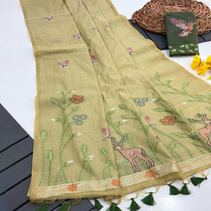 Green Floral Handloom Muga Cotton Silk Saree with Artisanal Weave