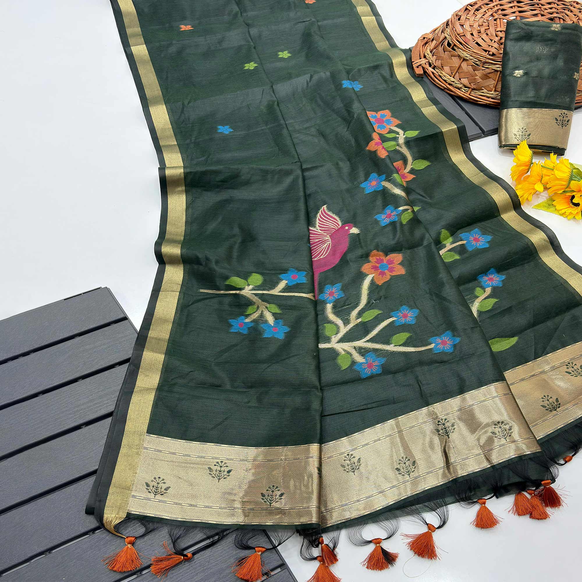 Green Floral Handloom Muga Cotton Silk Saree with Traditional Charm