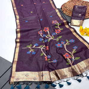 Wine Floral Handloom Muga Cotton Silk Saree with Traditional Charm