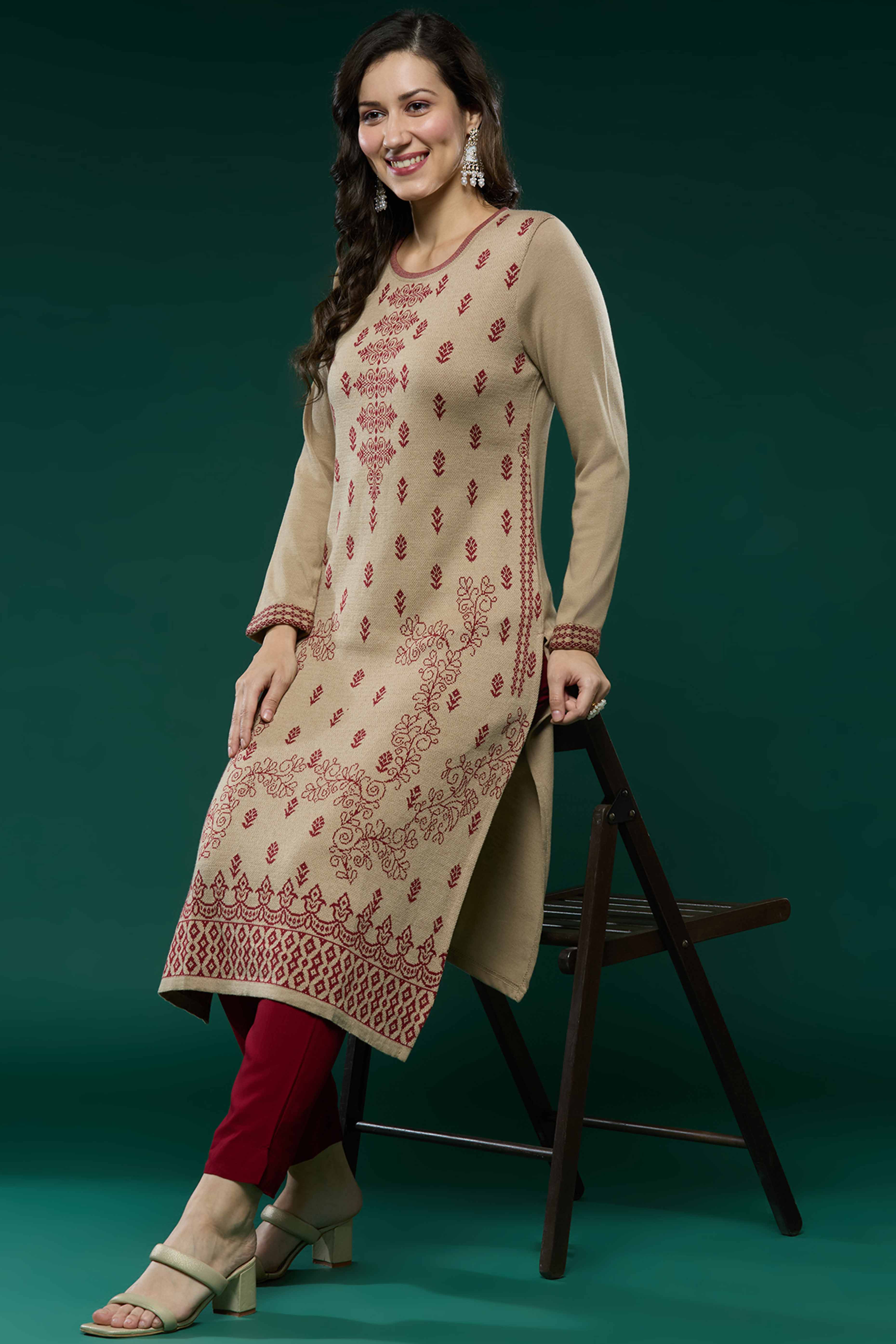 Beige Woolen Straight Kurti