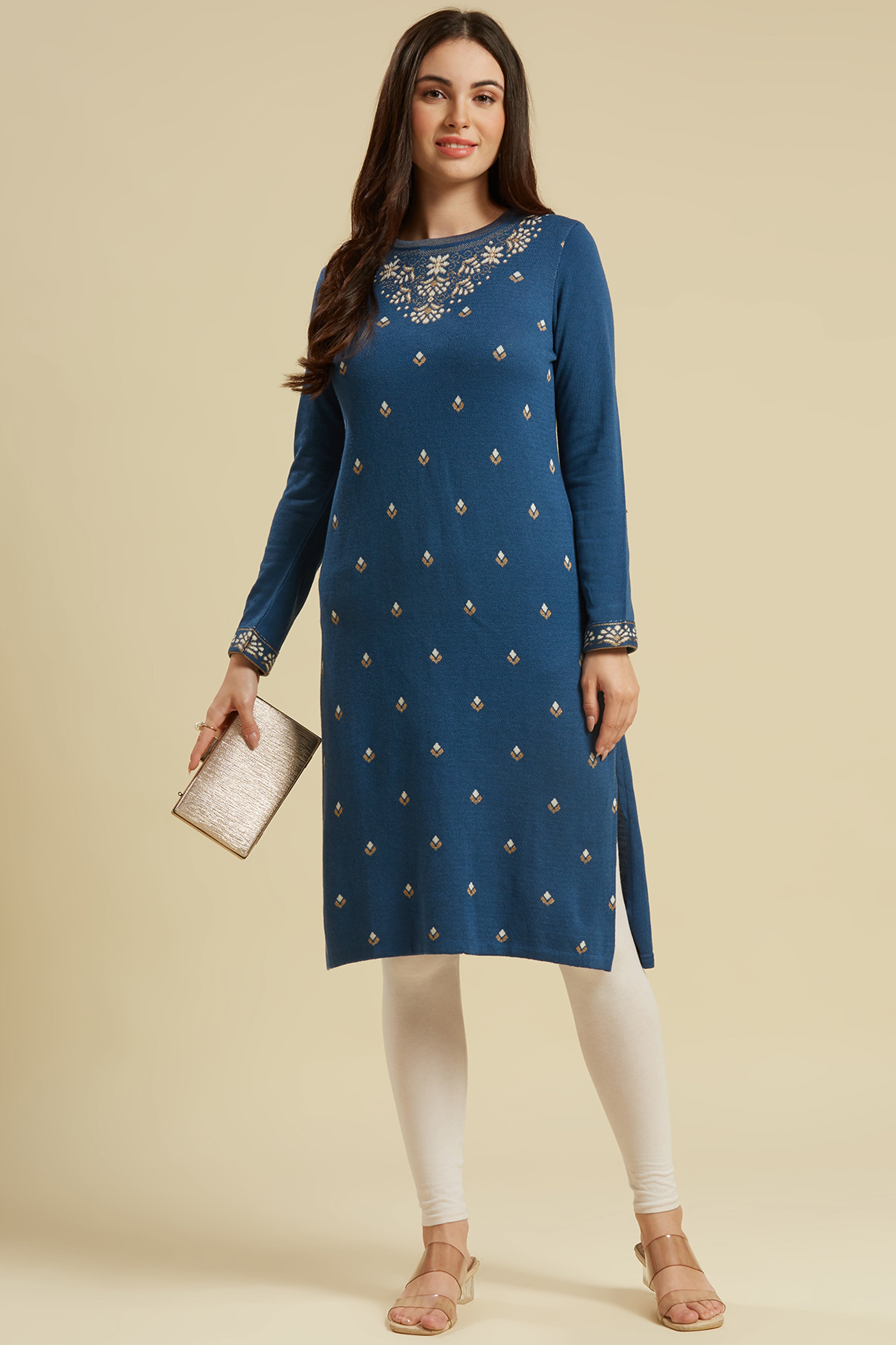 Blue Woolen Straight Kurti