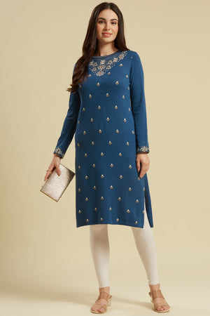 Blue Woolen Straight Kurti