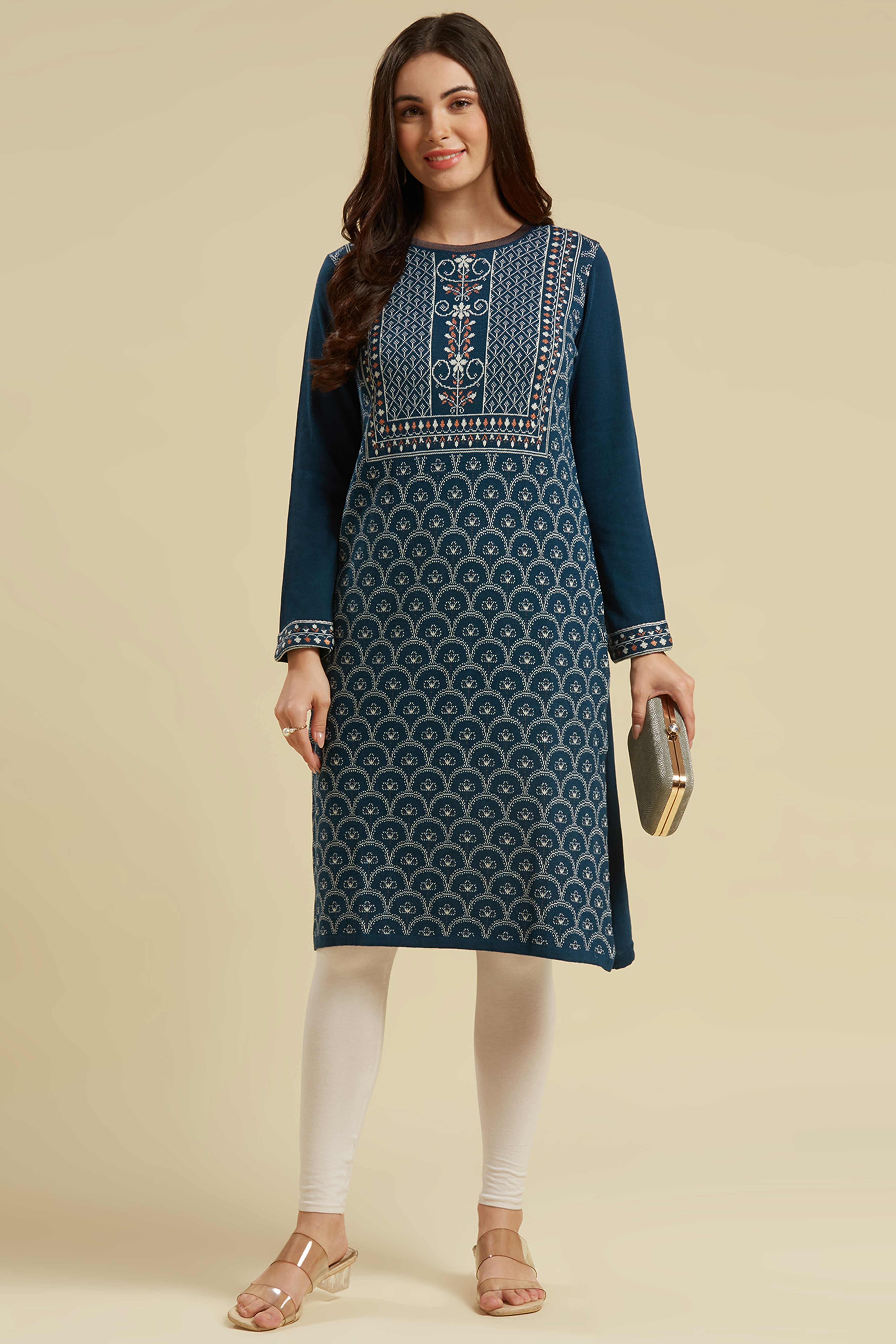 Dark Blue Woolen Straight Kurti