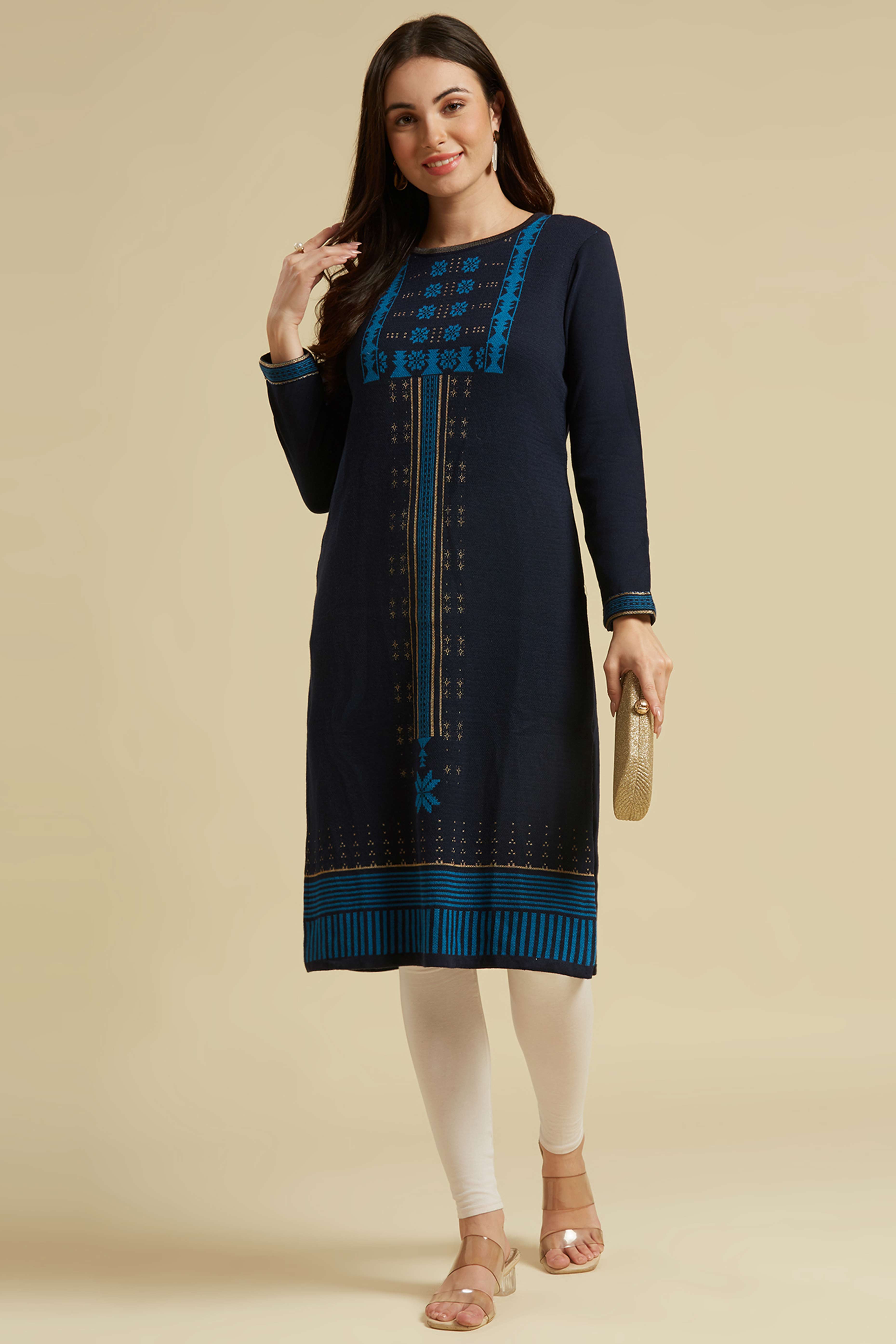 Navy Blue Woolen Straight Kurti