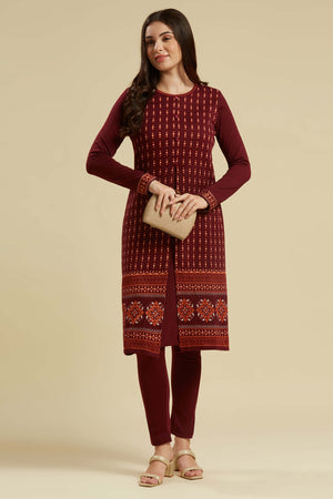 Wine Floral Woolen Top Bottom Set