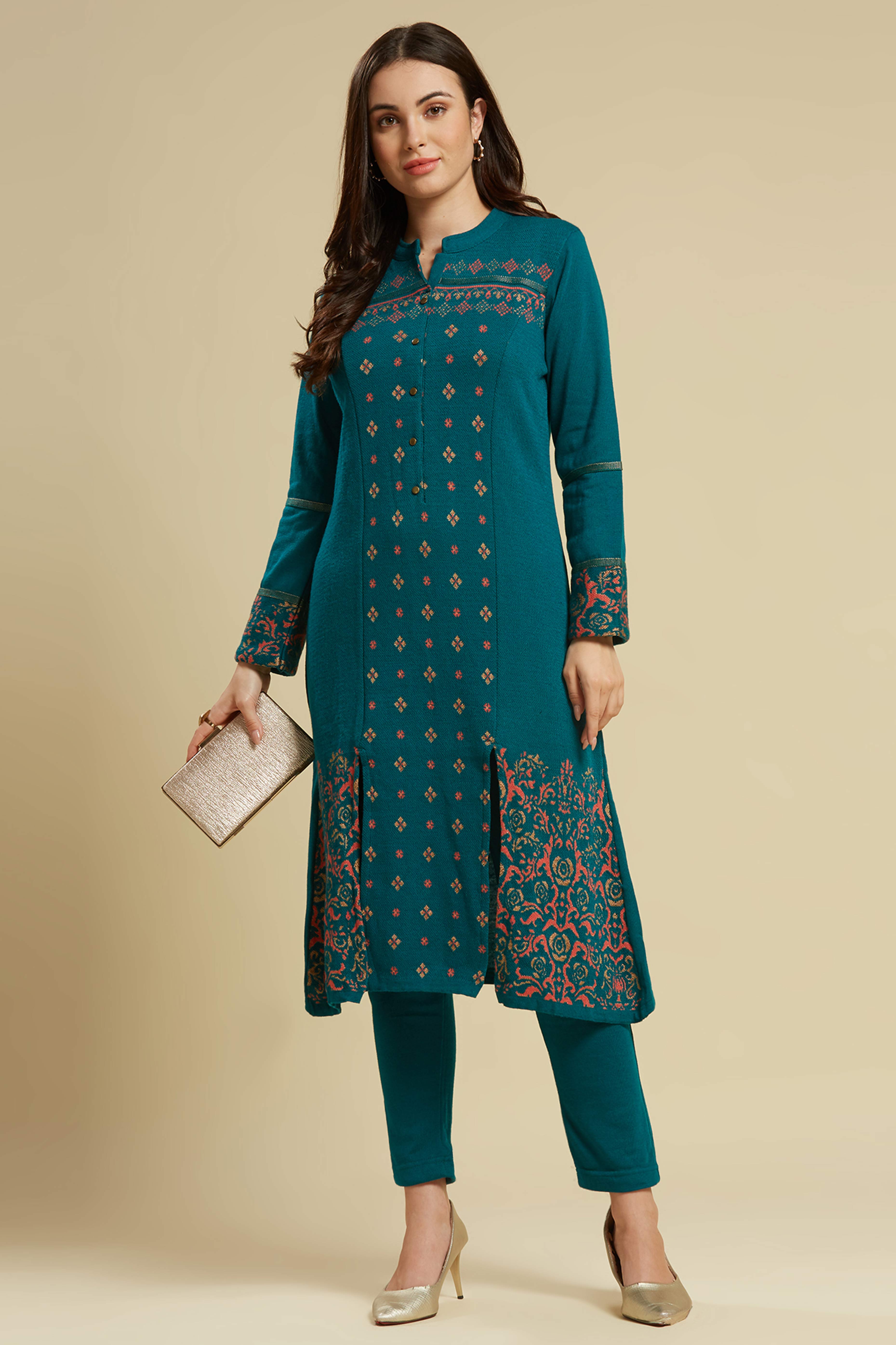 Teal Floral Woolen Top Bottom Set