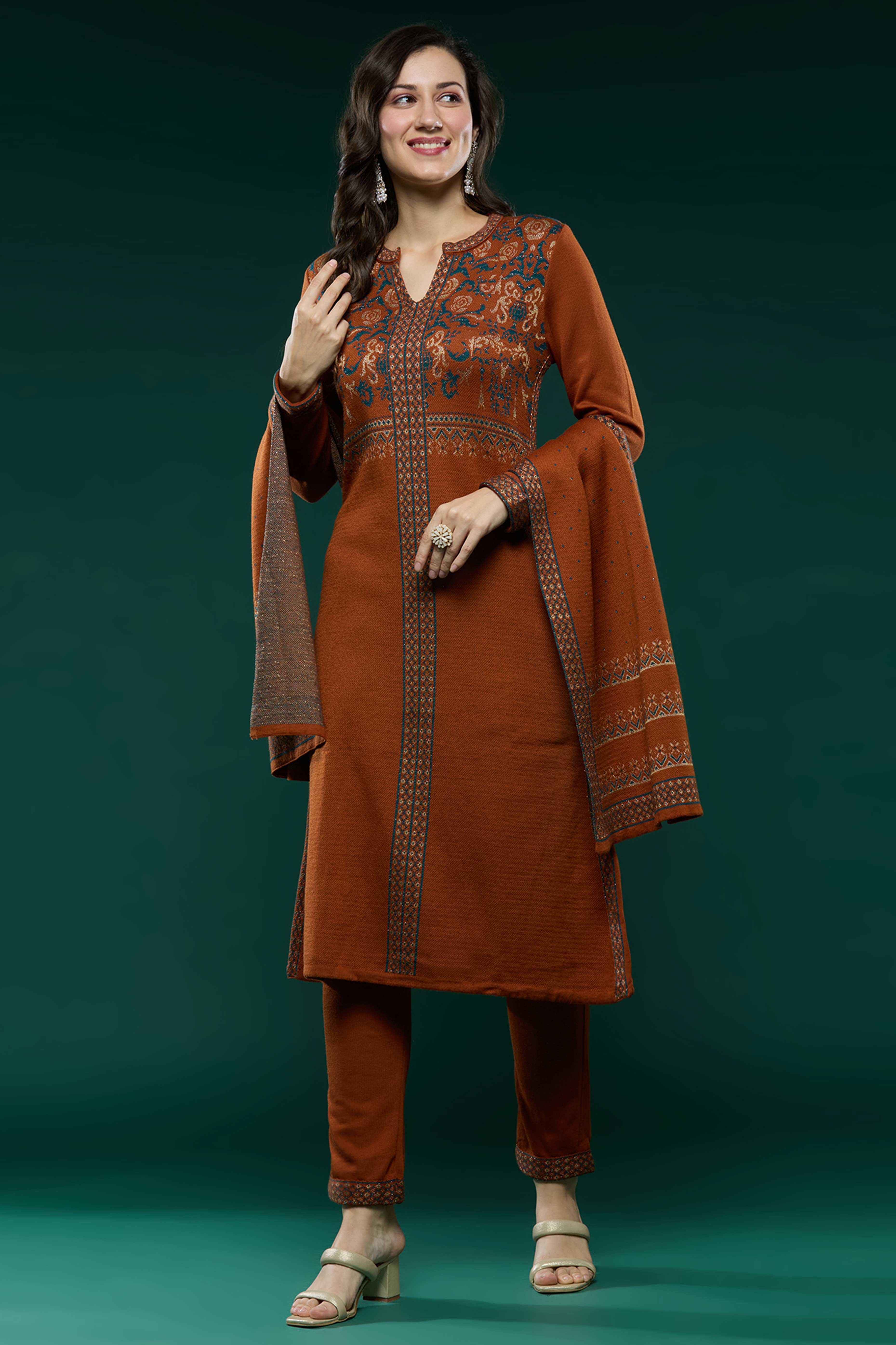 Dark Rust Floral Woolen Salwar Suit