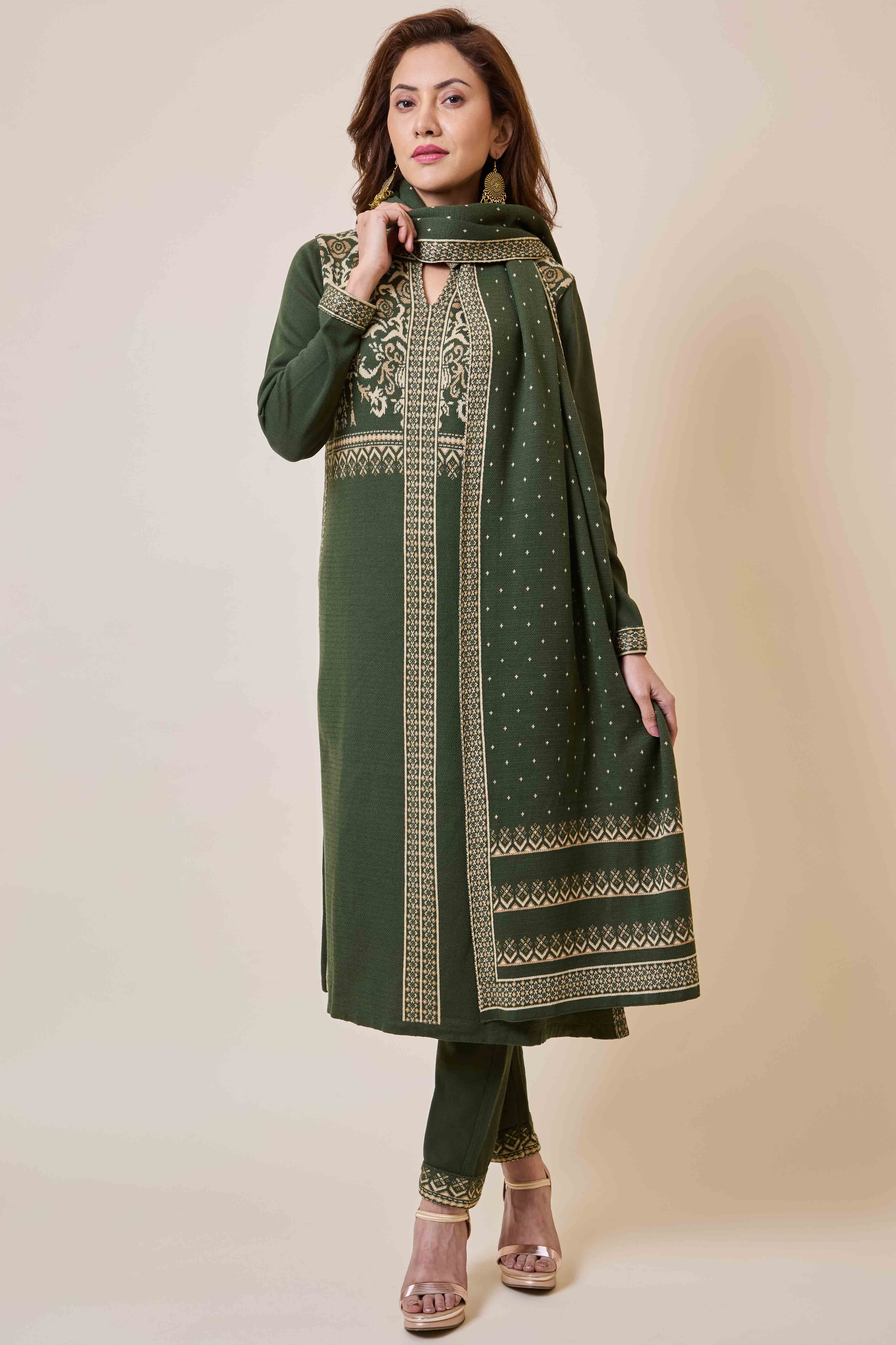 Mehandi Green Floral Woolen Salwar Suit