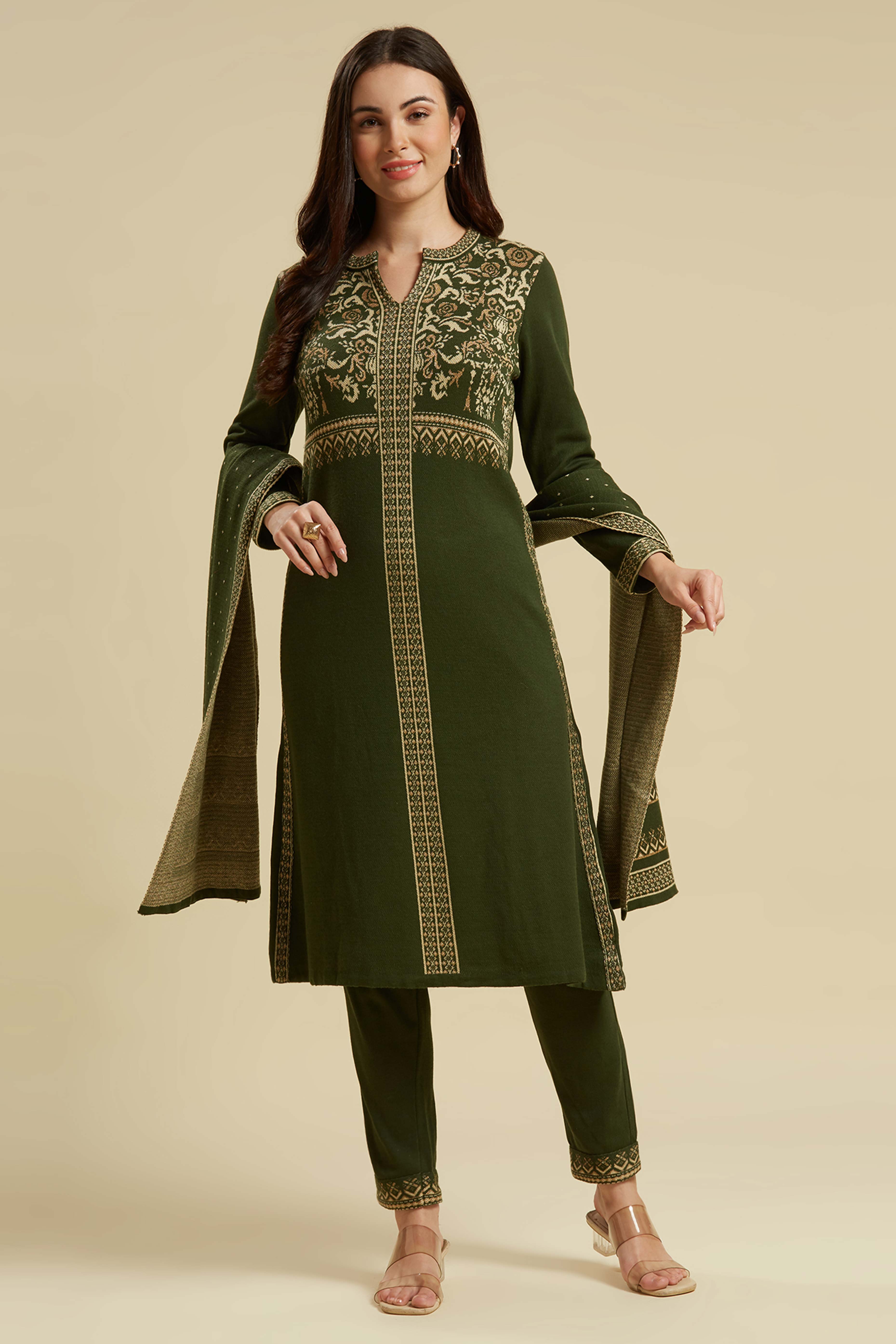 Mehandi Green Floral Woolen Salwar Suit