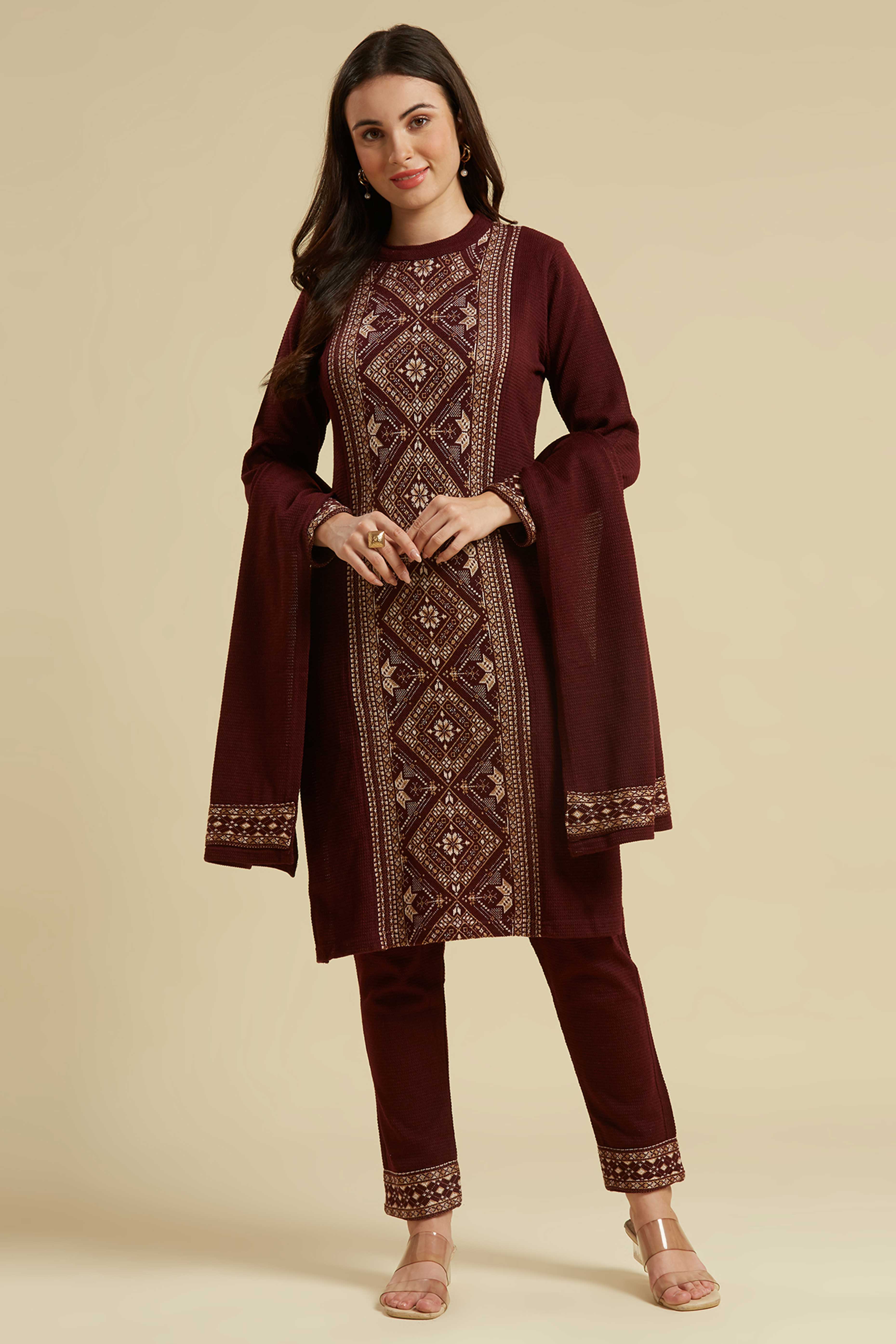 Wine Floral Woolen Salwar Suit