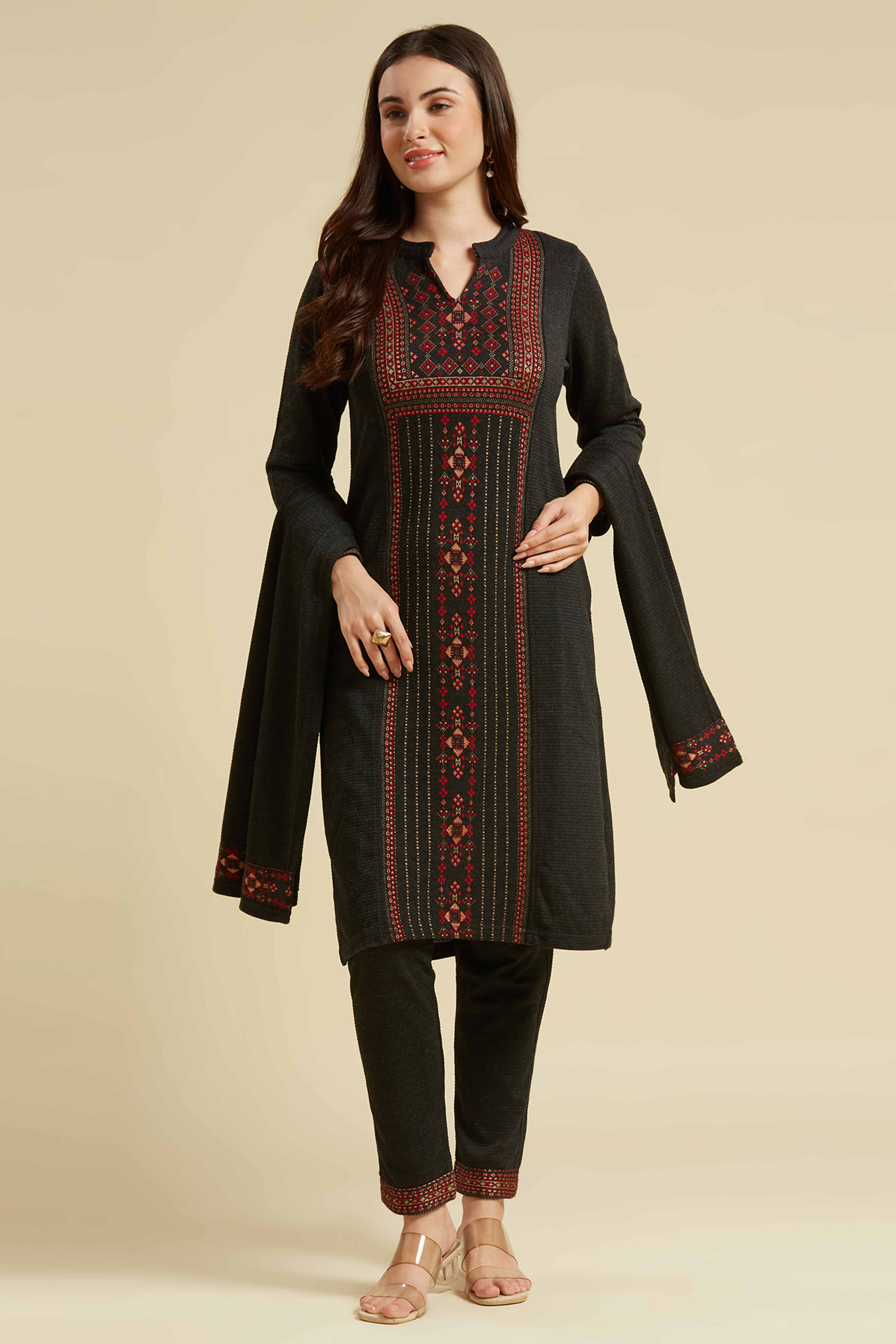 Grey Floral Woolen Salwar Suit