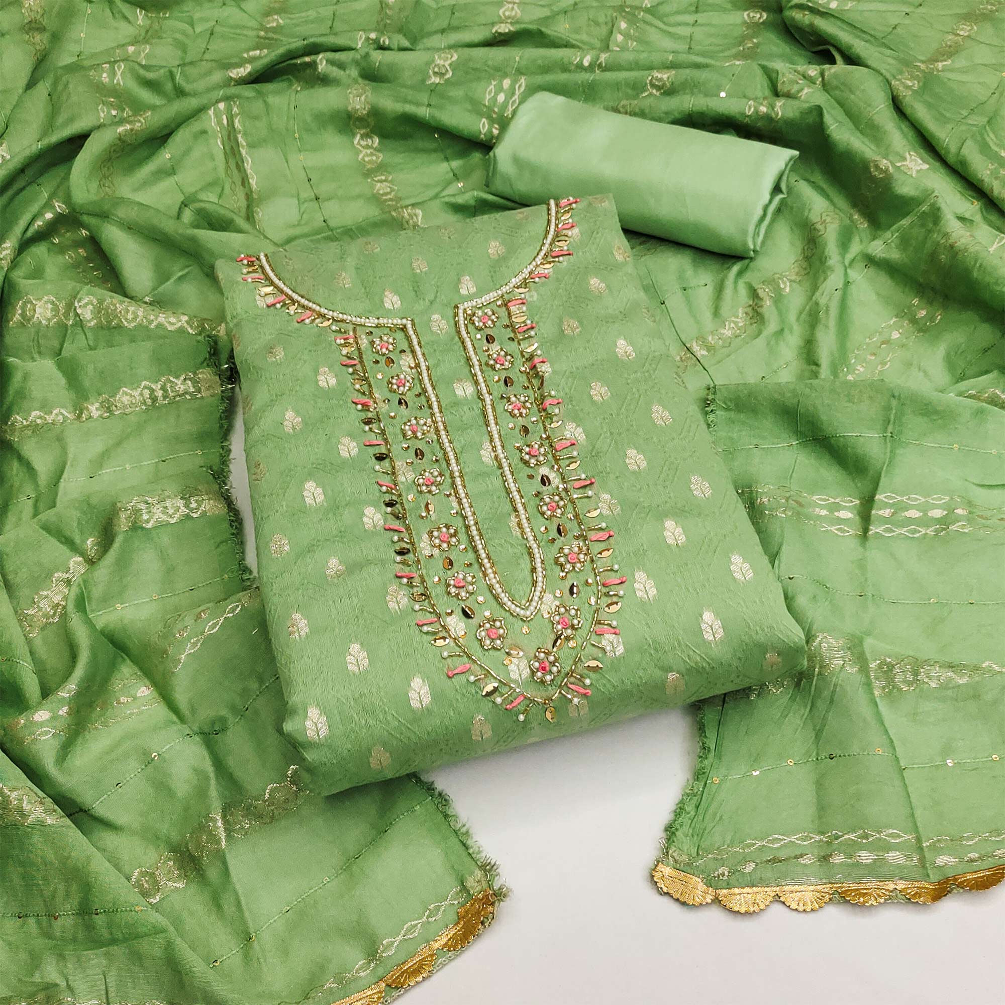 Green Woven With Handwork Jacquard Dress Material
