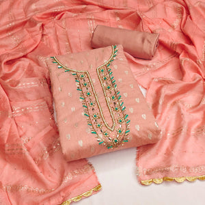 Peach Woven With Handwork Jacquard Dress Material