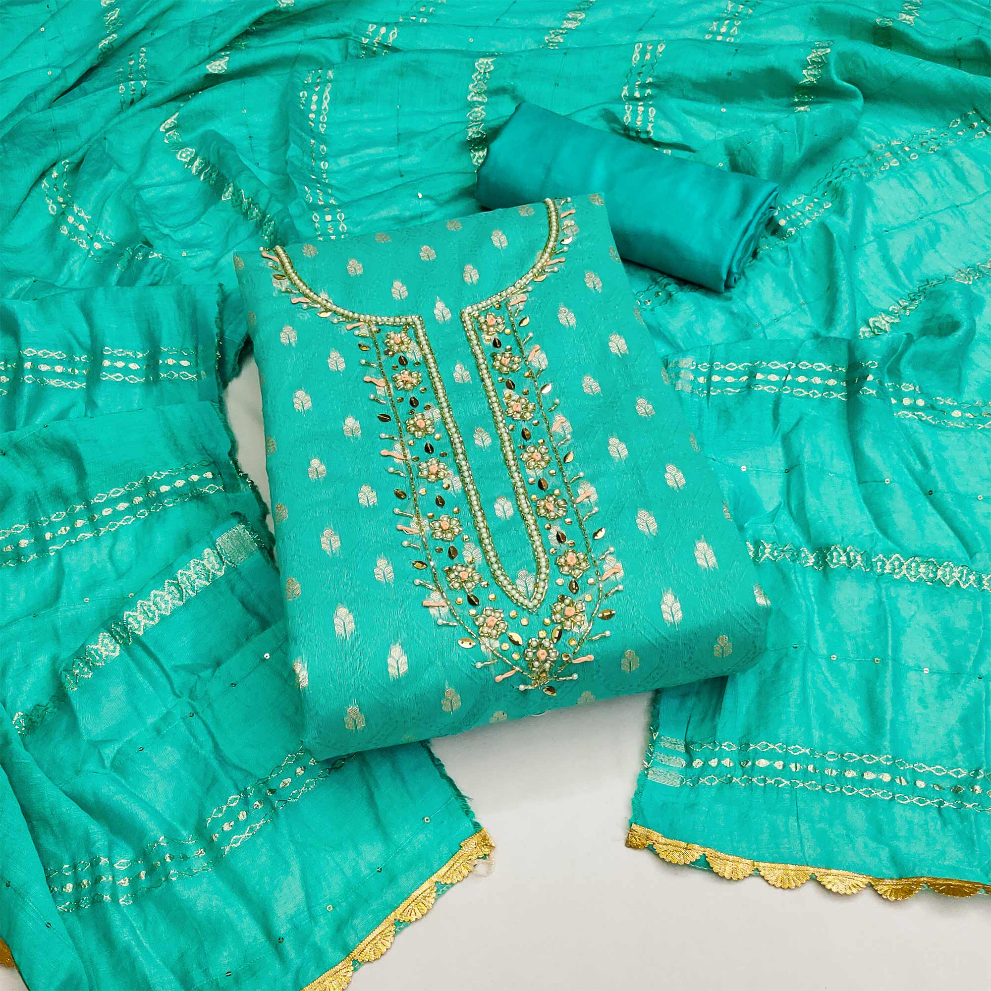 Turquoise Woven With Handwork Jacquard Dress Material