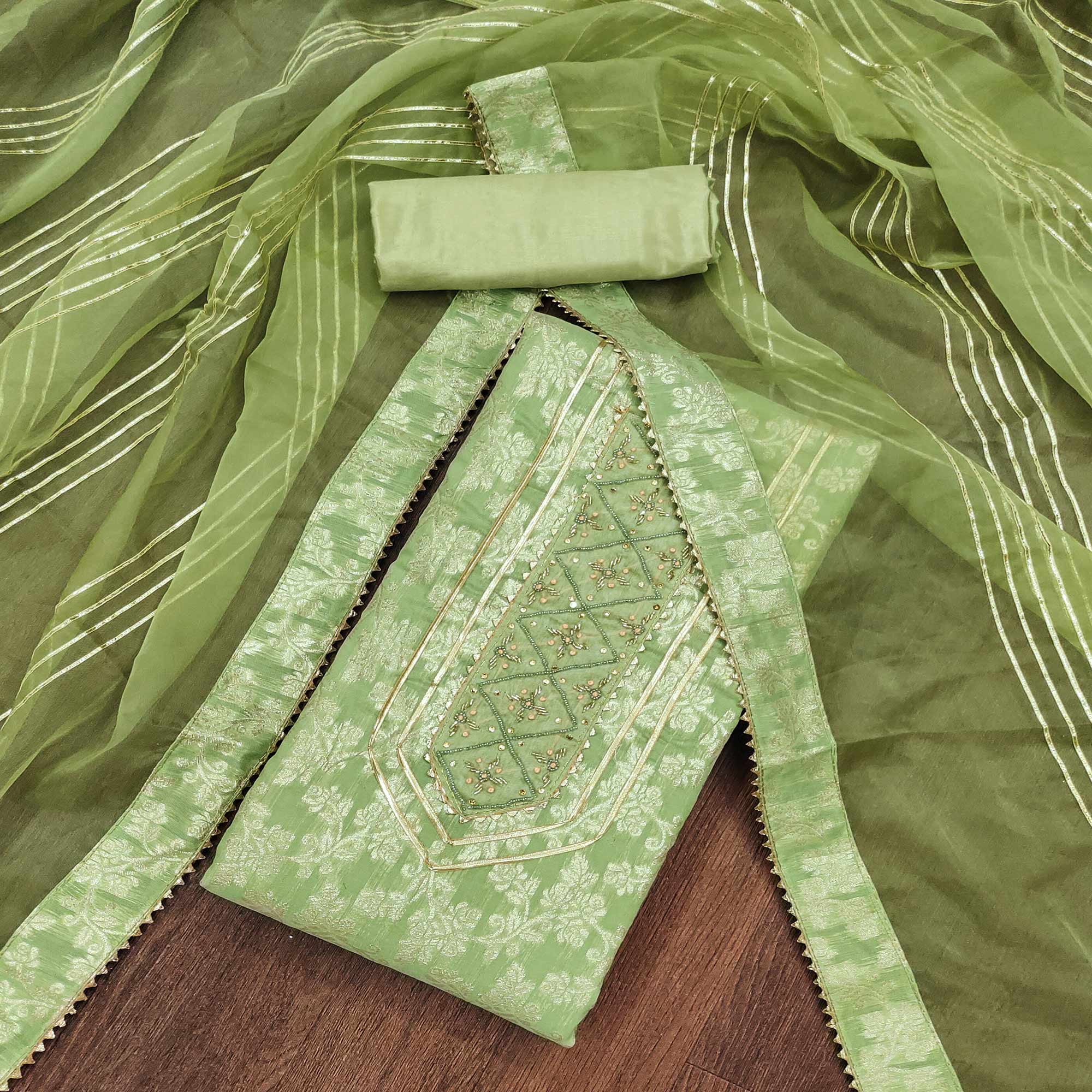 Green Woven With Handwork Jacquard Dress Material