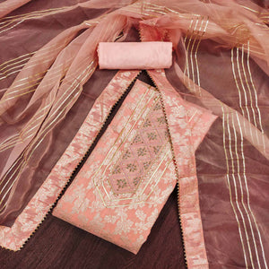 Peach Woven With Handwork Jacquard Dress Material