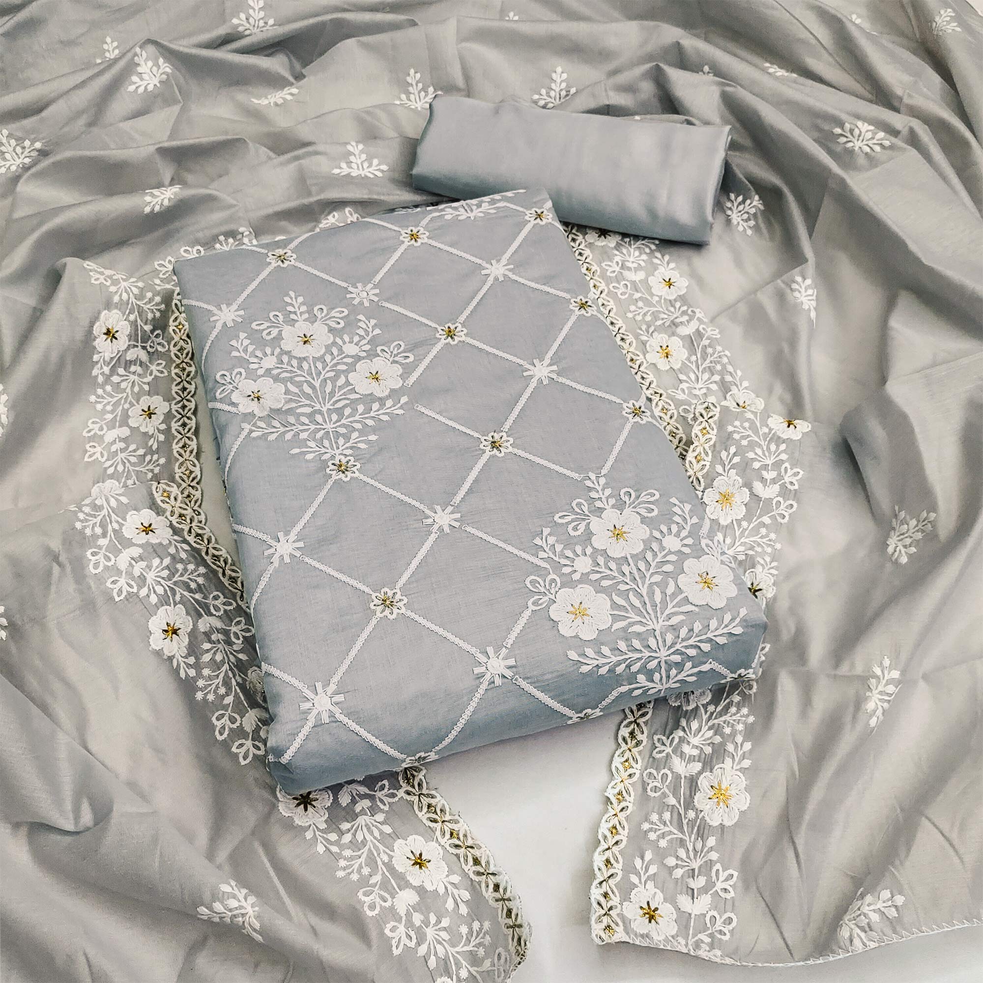 Grey Floral Embroidered Chanderi Cotton Dress Material