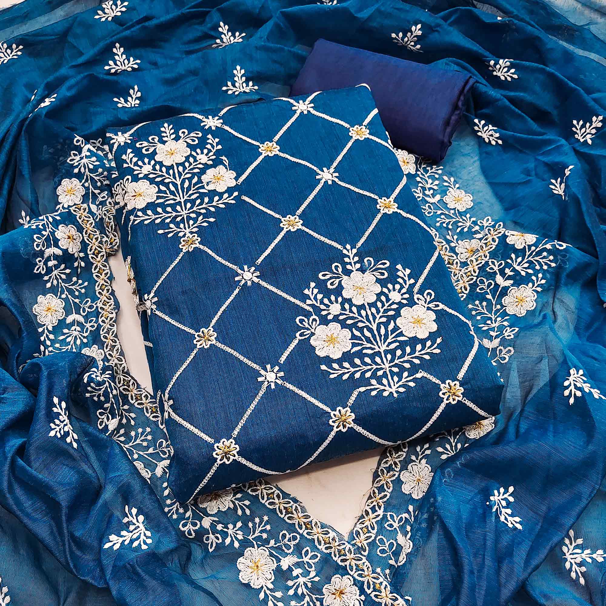 Indigo Blue Floral Embroidered Chanderi Cotton Dress Material