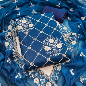 Indigo Blue Floral Embroidered Chanderi Cotton Dress Material