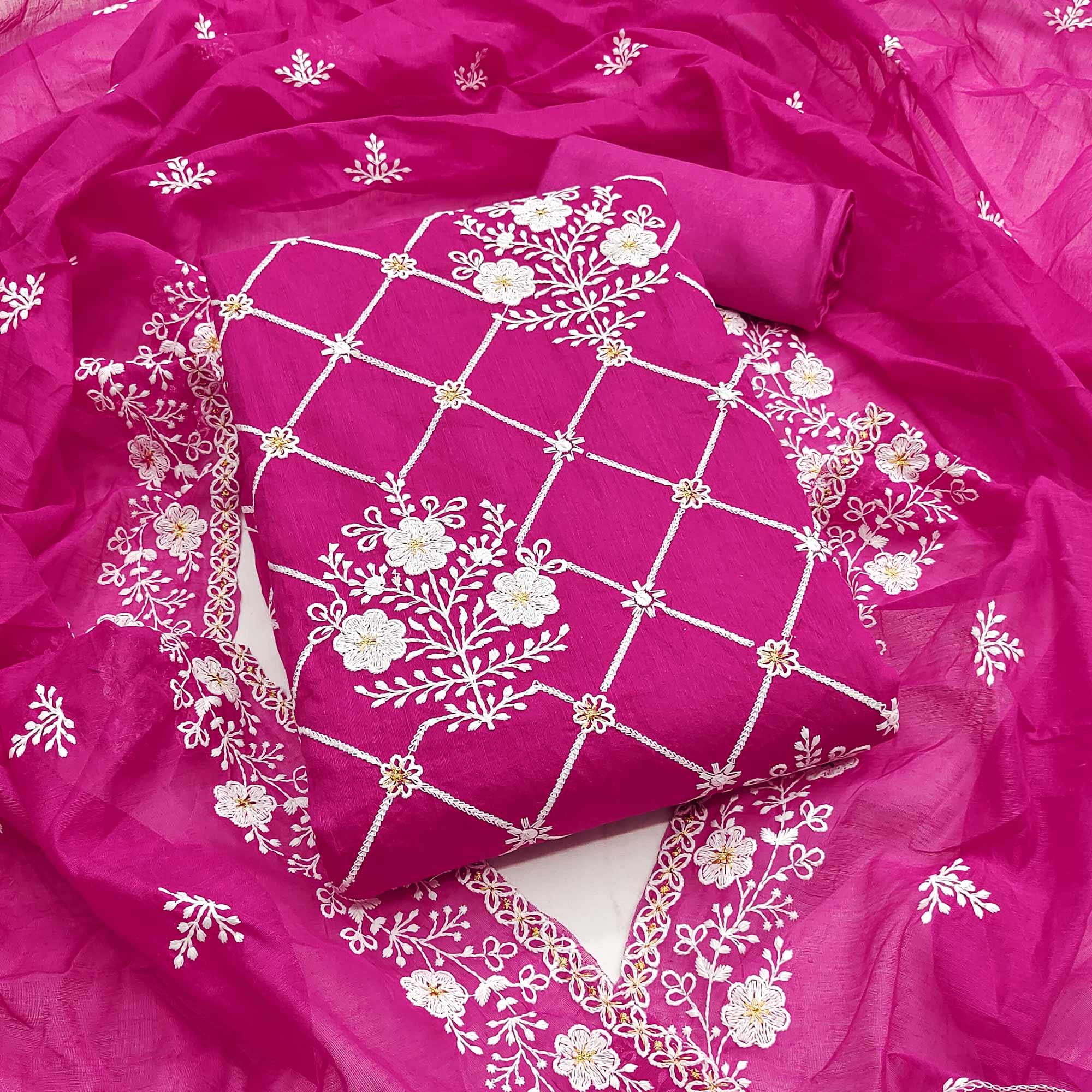 Rani Pink Floral Embroidered Chanderi Cotton Dress Material