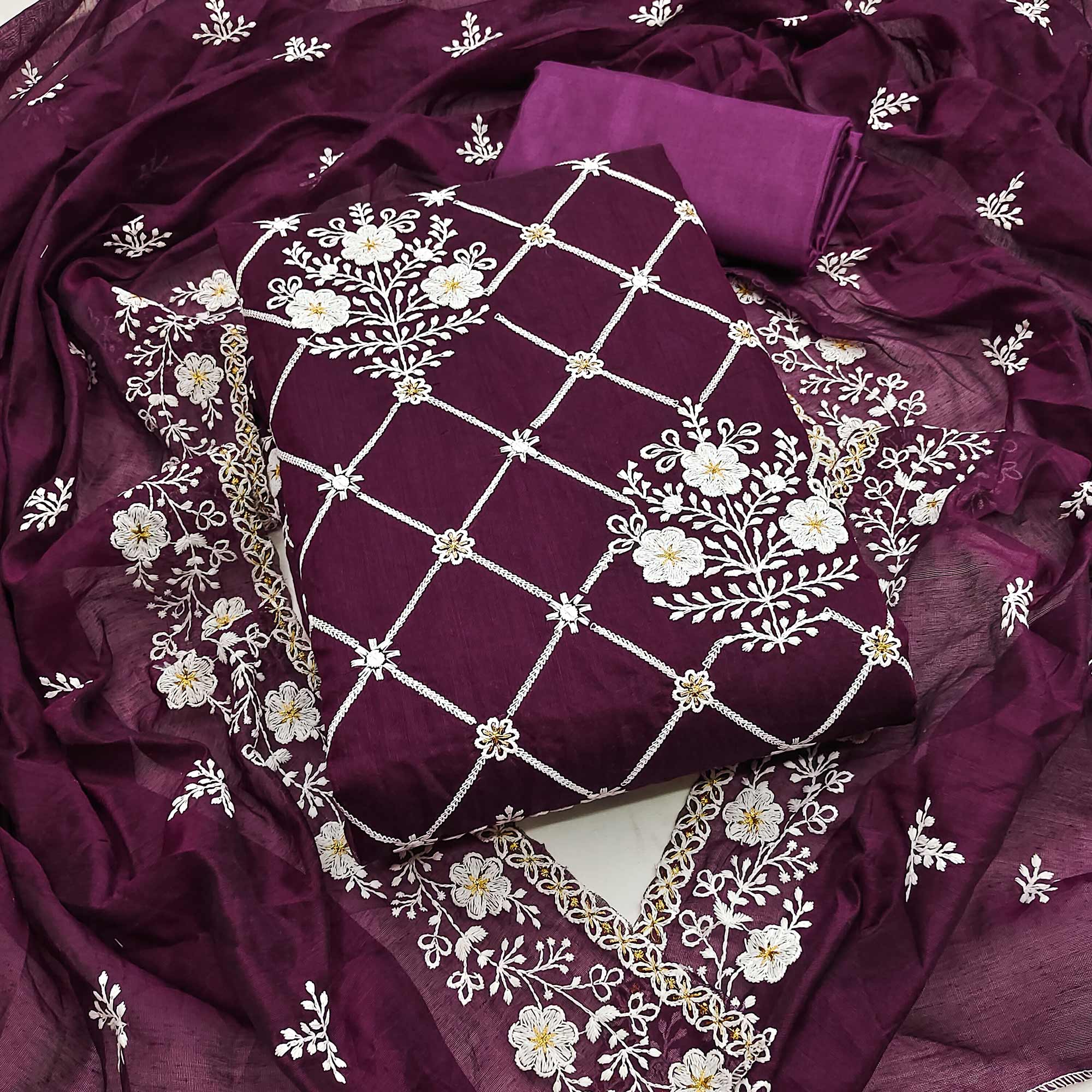 Wine Floral Embroidered Chanderi Cotton Dress Material