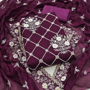 Wine Floral Embroidered Chanderi Cotton Dress Material