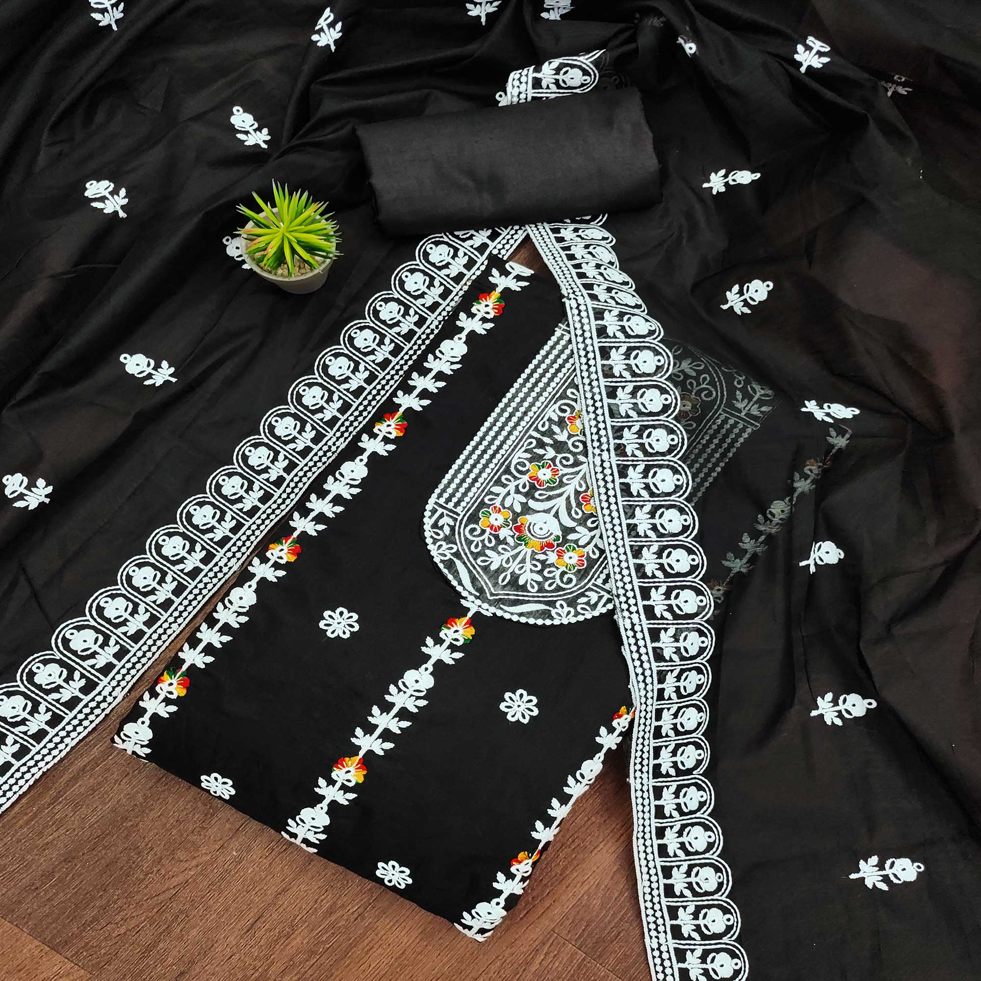 Black Floral Embroidered Chanderi Cotton Dress Material