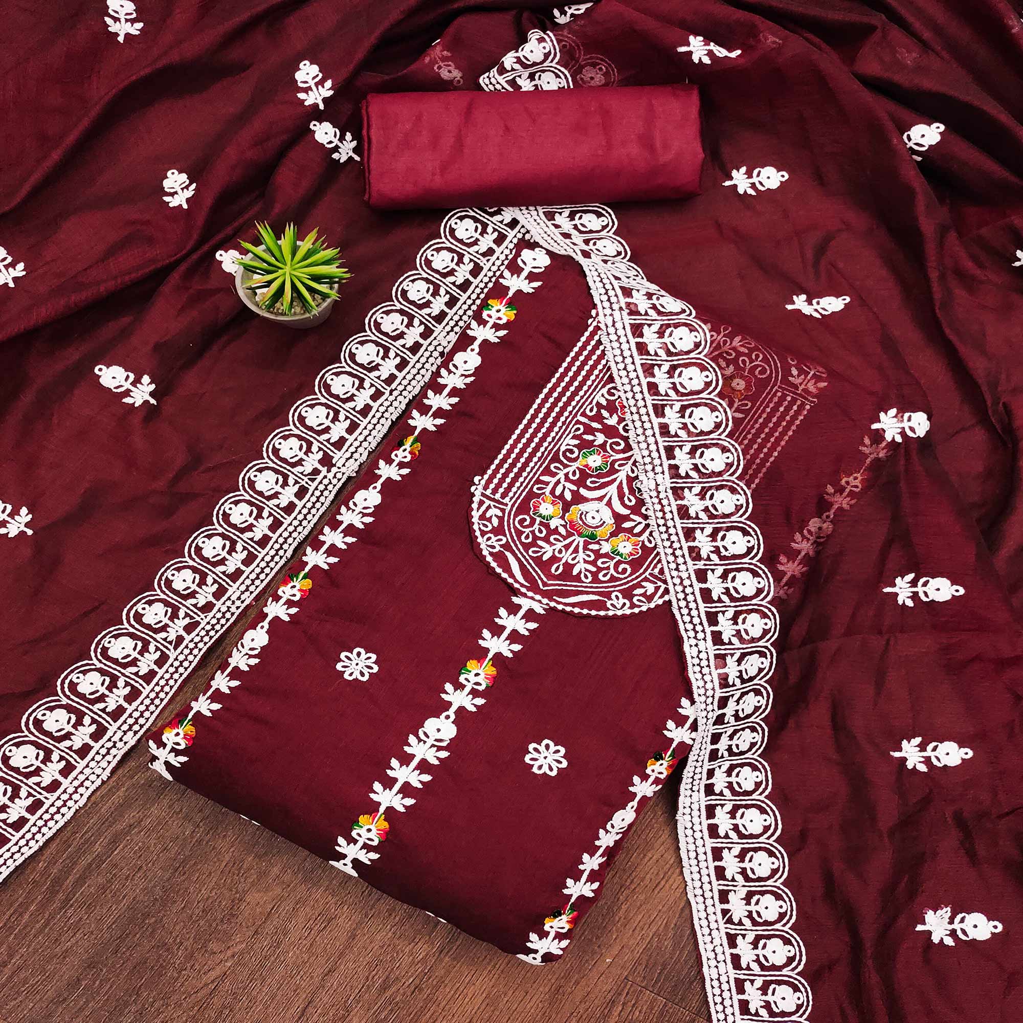 Maroon Floral Embroidered Chanderi Cotton Dress Material