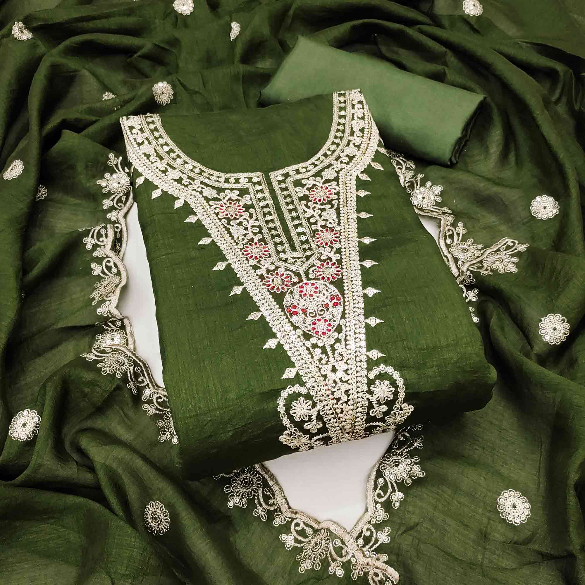 Elegant Green Floral Embroidered Dress Material In Vichitra Silk With Sequins Detailing