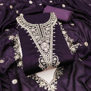 Elegant Purple Floral Embroidered Dress Material In Vichitra Silk With Sequins Detailing