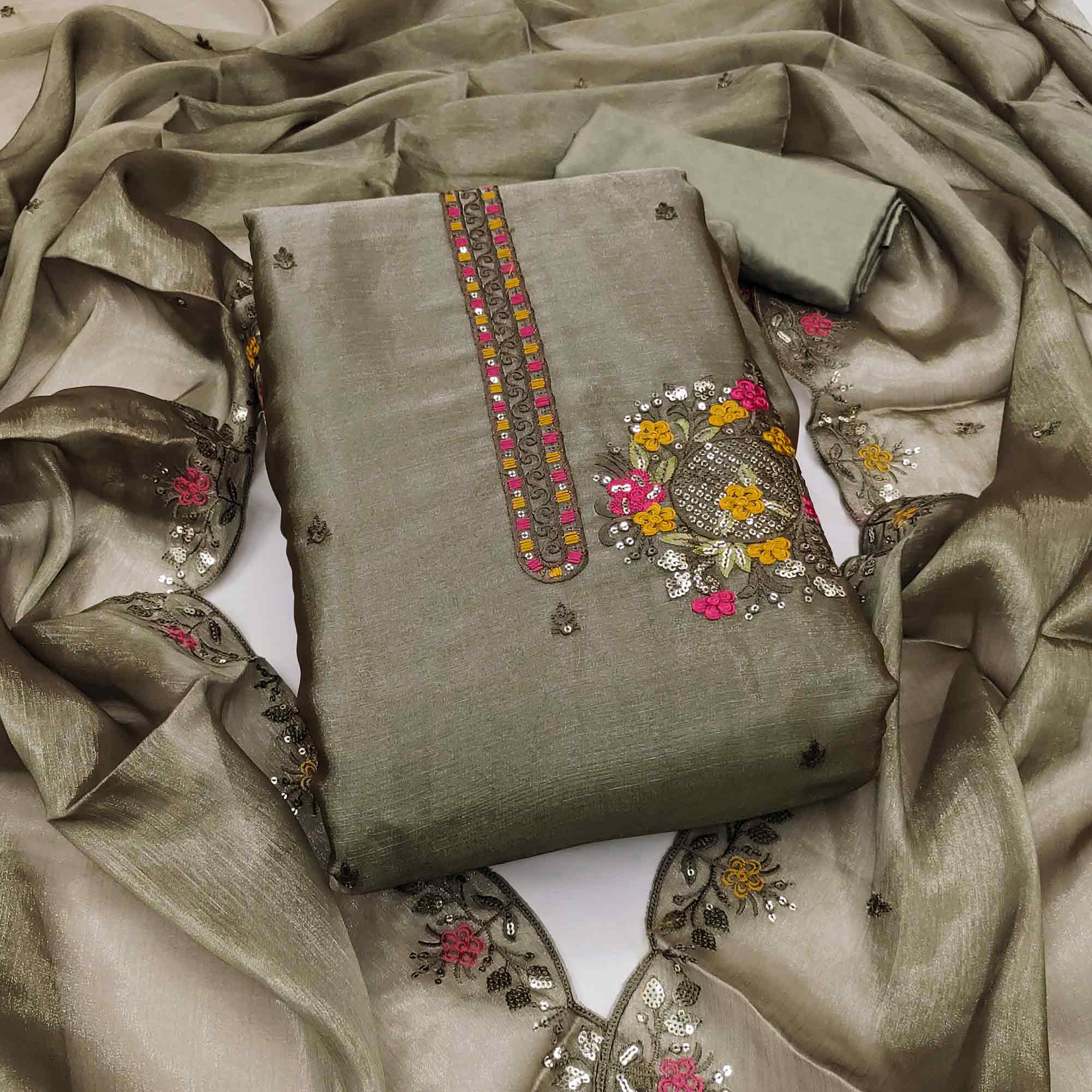 Graceful Green Silk Blend Dress Material Featuring Exquisite Floral Embroidery & Sequins Accents