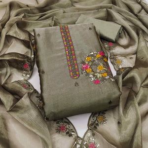 Graceful Green Silk Blend Dress Material Featuring Exquisite Floral Embroidery & Sequins Accents