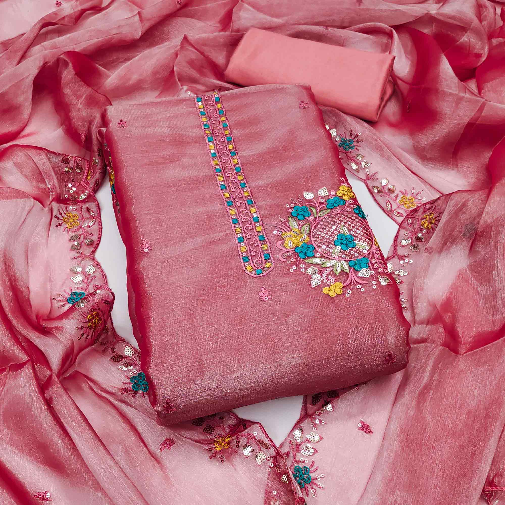 Graceful Pink Silk Blend Dress Material Featuring Exquisite Floral Embroidery & Sequins Accents