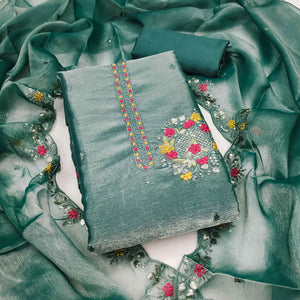 Graceful Rama Green Silk Blend Dress Material Featuring Exquisite Floral Embroidery & Sequin Accent