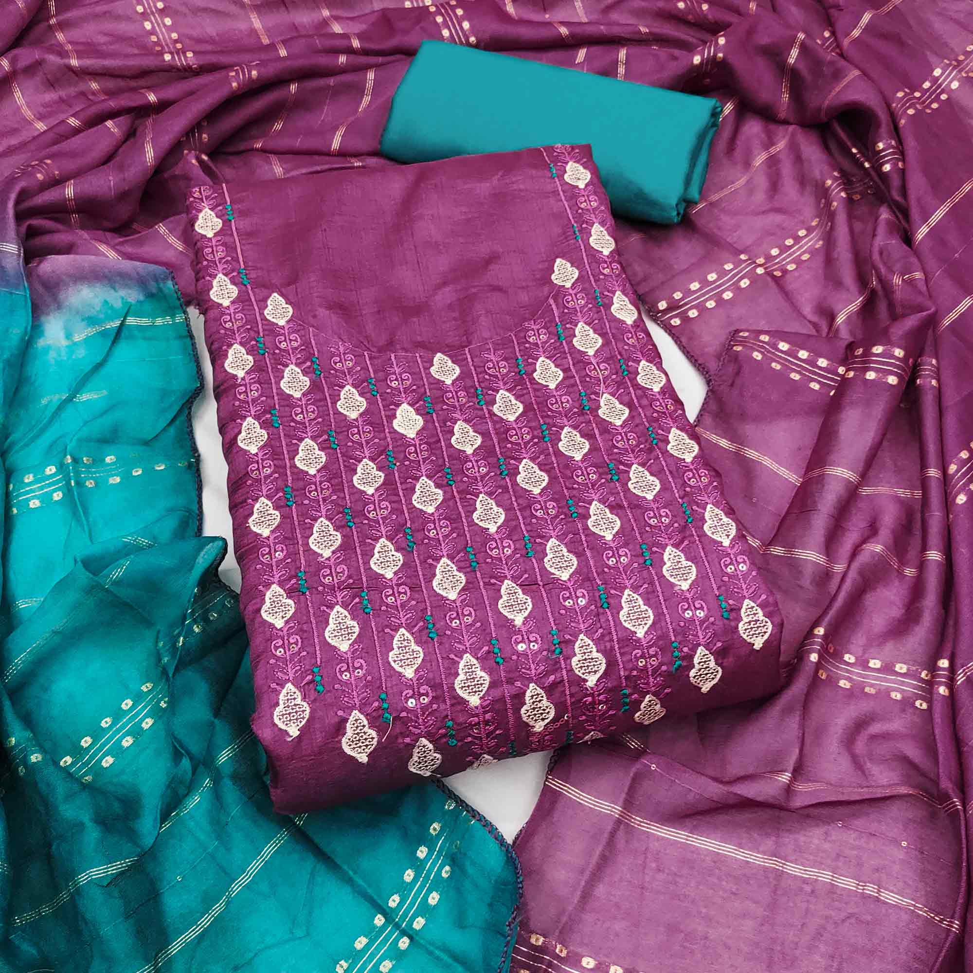 Elegant Dark Magenta Floral Thread & Sequins Embroidered Silk Blend Dress Material