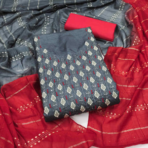 Elegant Grey Floral Thread & Sequins Embroidered Silk Blend Dress Material