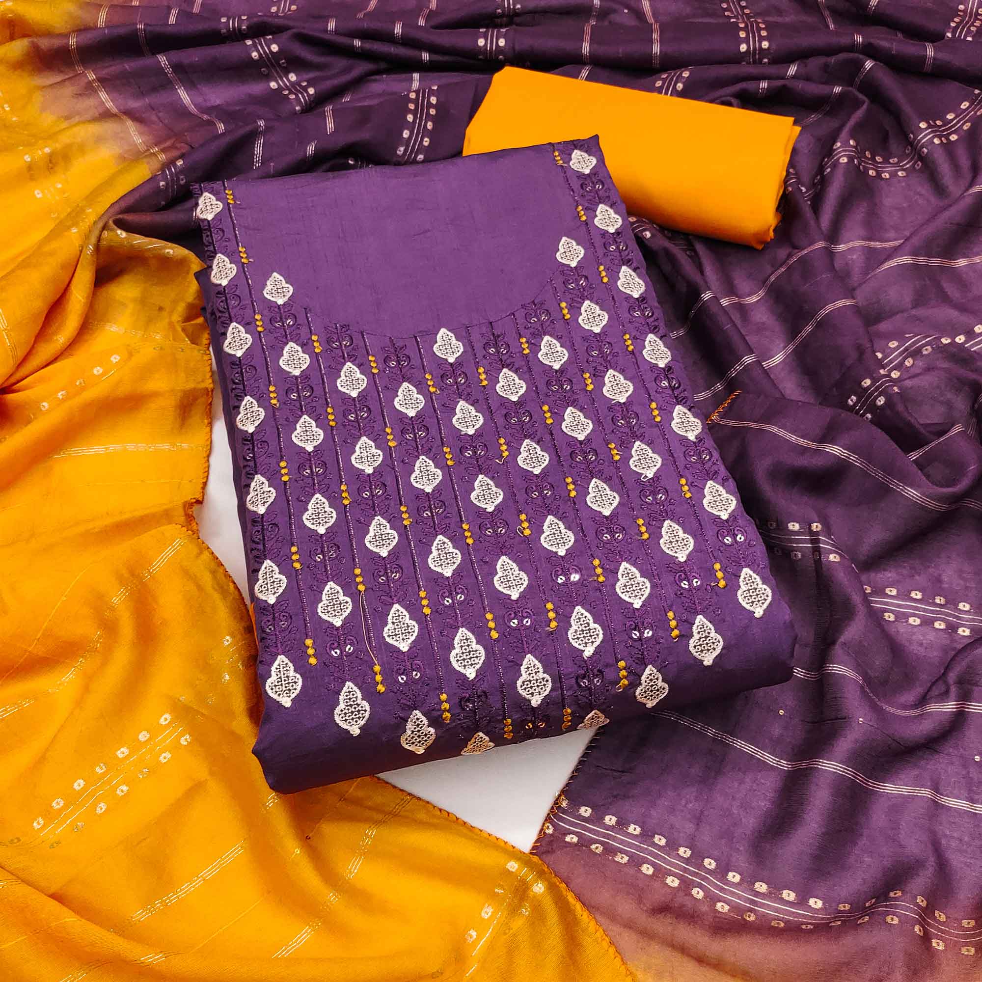 Elegant Purple Floral Thread & Sequins Embroidered Silk Blend Dress Material