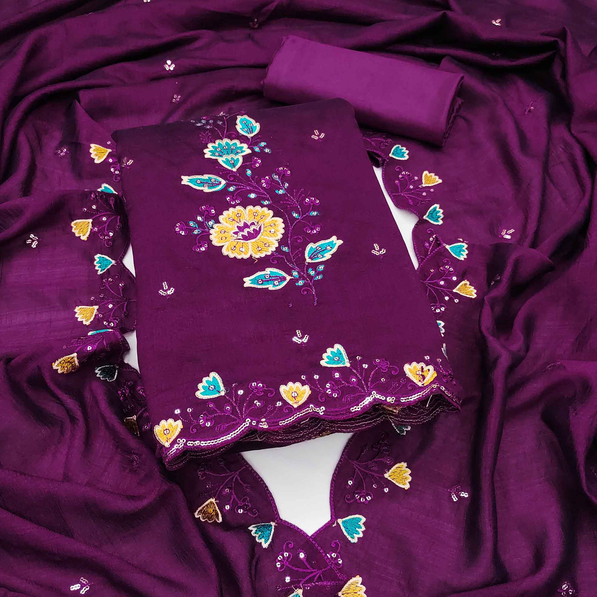 Graceful Purple Vichitra Silk Dress Material Adorned With Floral Thread Embroidery & Sequins Work