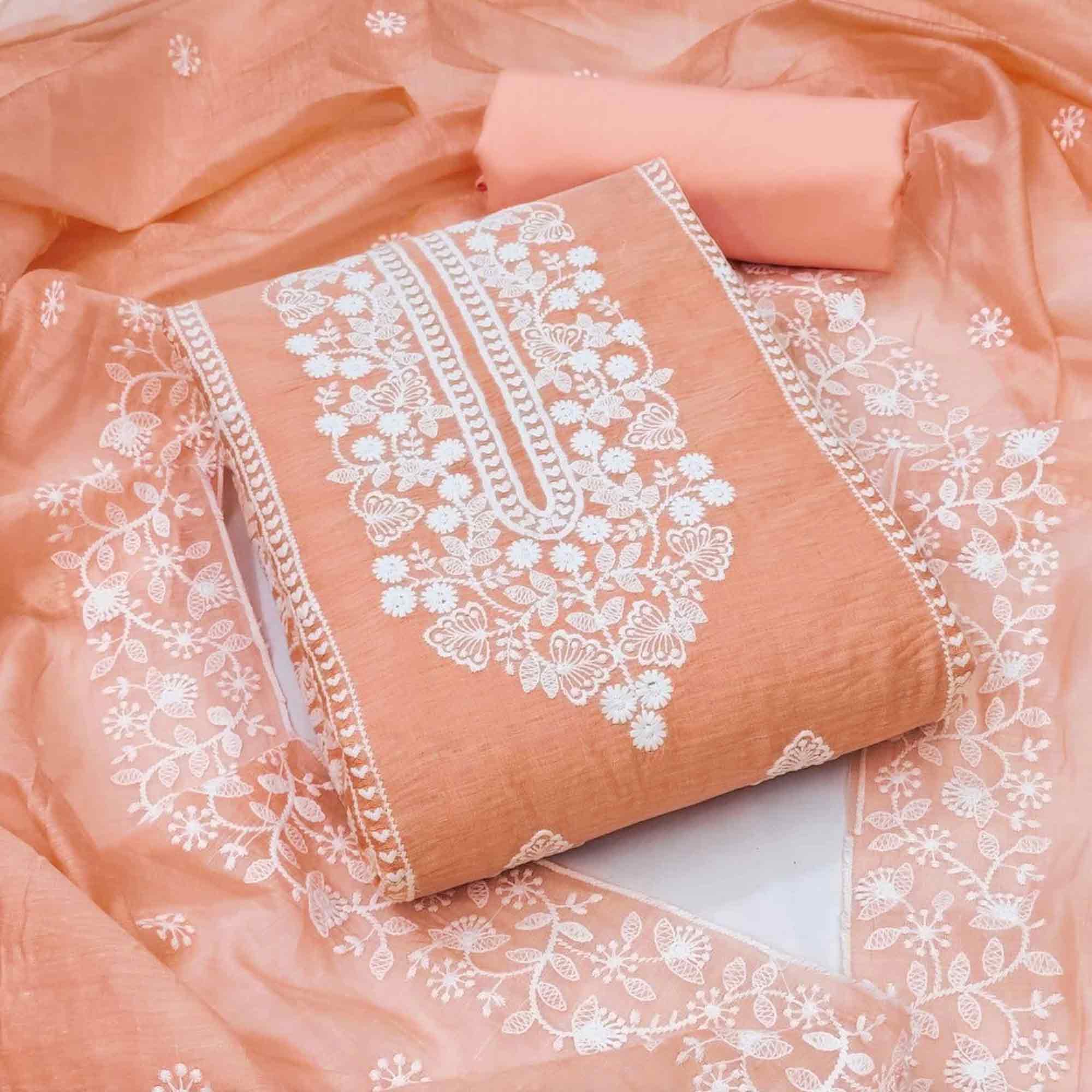 Orange Cotton Blend Unstitched Suit Set Highlighted with Soft Floral Embroidery