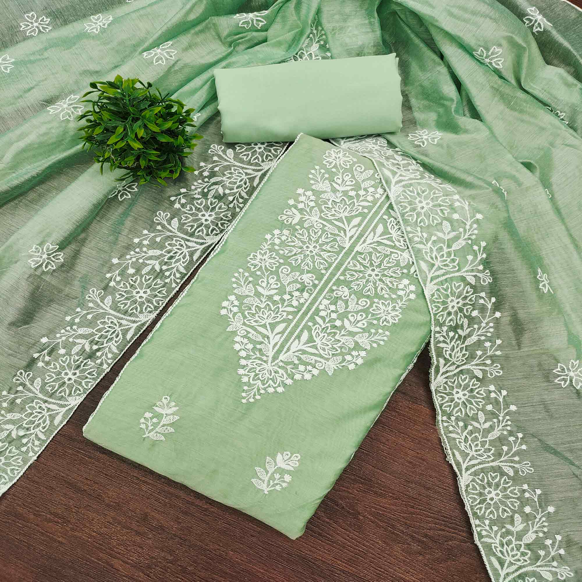 Pista Green Cotton Blend Unstitched Suit Material with Soft Floral Embroidery Work