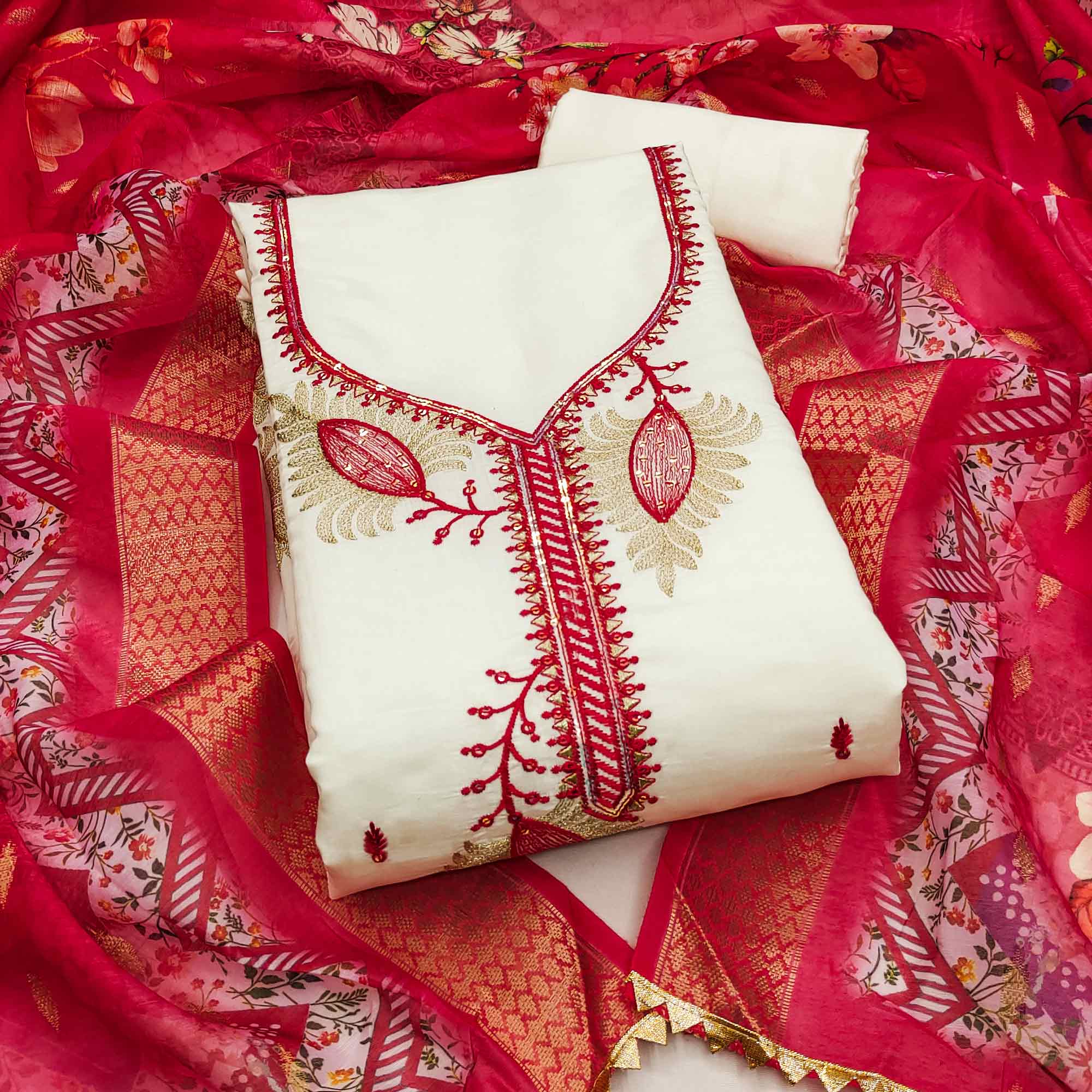 Elegant Cream & Red Floral Embroidered Roman Cotton Silk Dress Material With Subtle Sequins Work