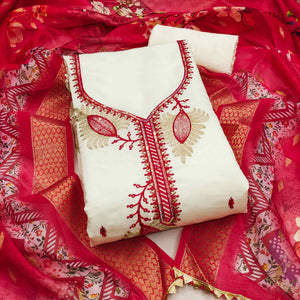 Elegant Cream & Red Floral Embroidered Roman Cotton Silk Dress Material With Subtle Sequins Work