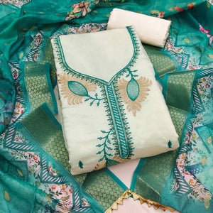 Elegant Cream & Turquoise Floral Embroidered Roman Cotton Silk Dress Material With Sequins Work