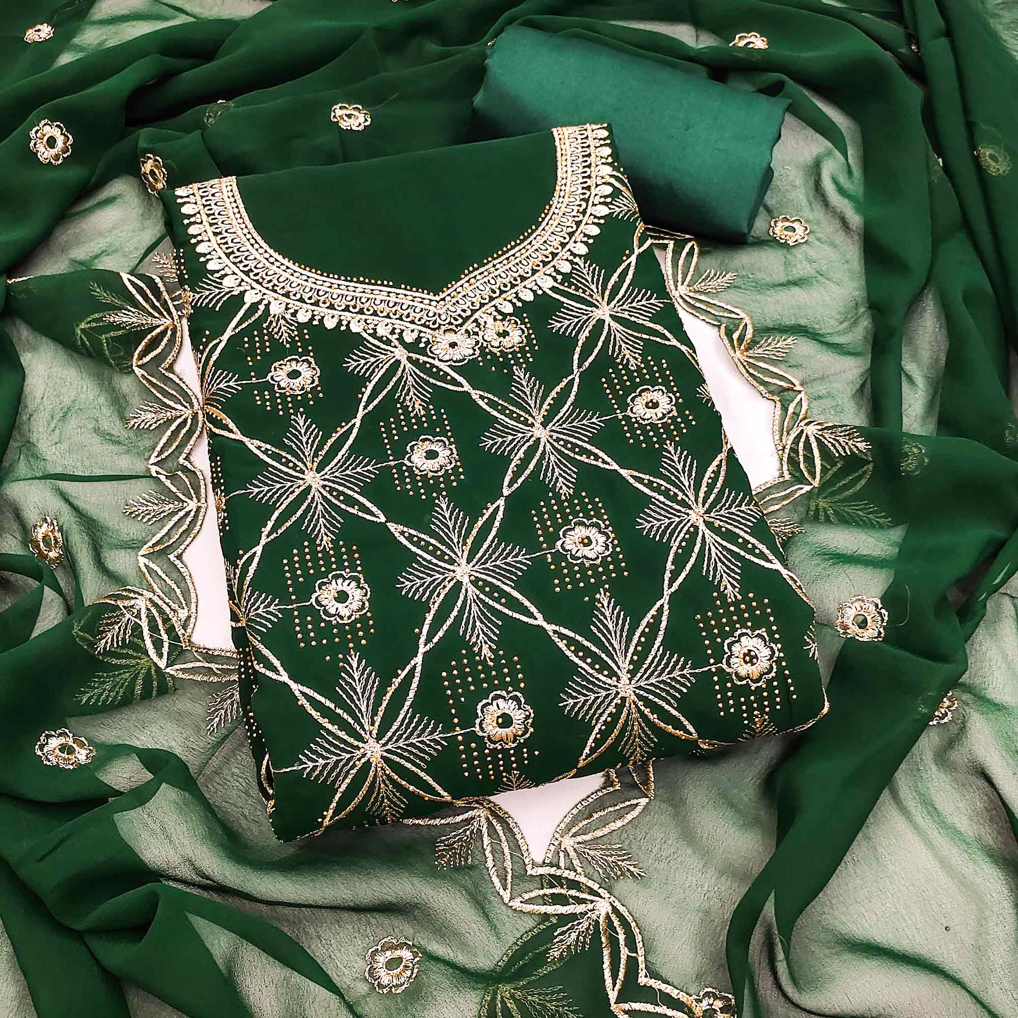 Premium Green Floral Embroidered Georgette Dress Material Accentuated With Swarovski Detailing