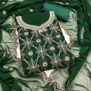 Premium Green Floral Embroidered Georgette Dress Material Accentuated With Swarovski Detailing