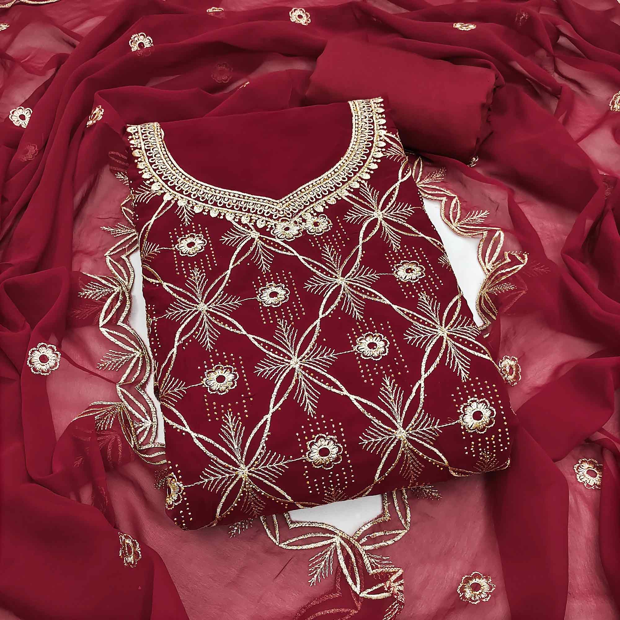 Premium Maroon Floral Embroidered Georgette Dress Material Accentuated With Swarovski Detailing