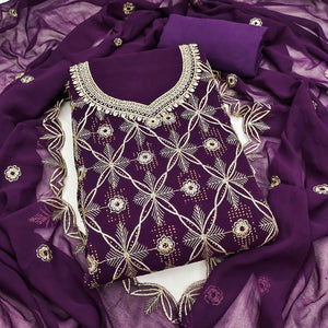 Premium Purple Floral Embroidered Georgette Dress Material Accentuated With Swarovski Detailing