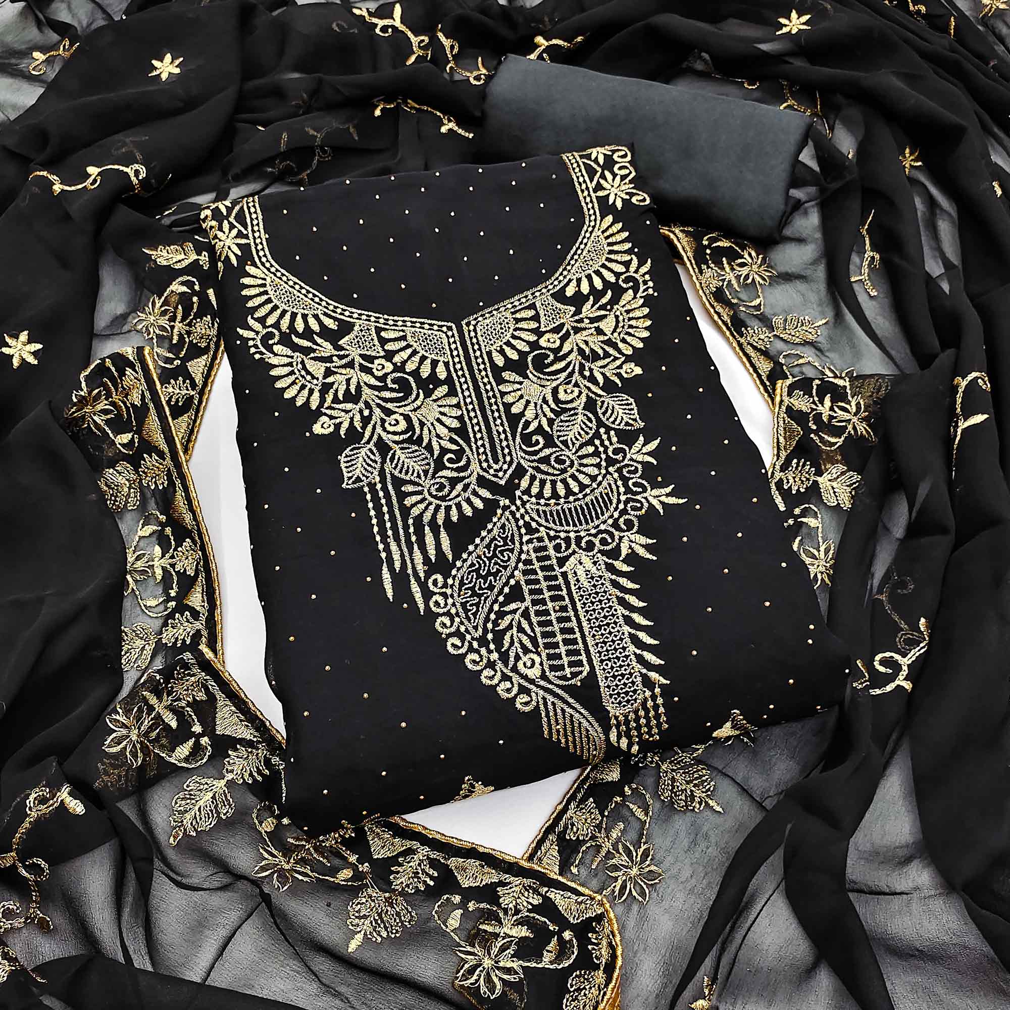 Ethnic Black Floral Embroidered Georgette Dress Material With Shimmering Swarovski Accents