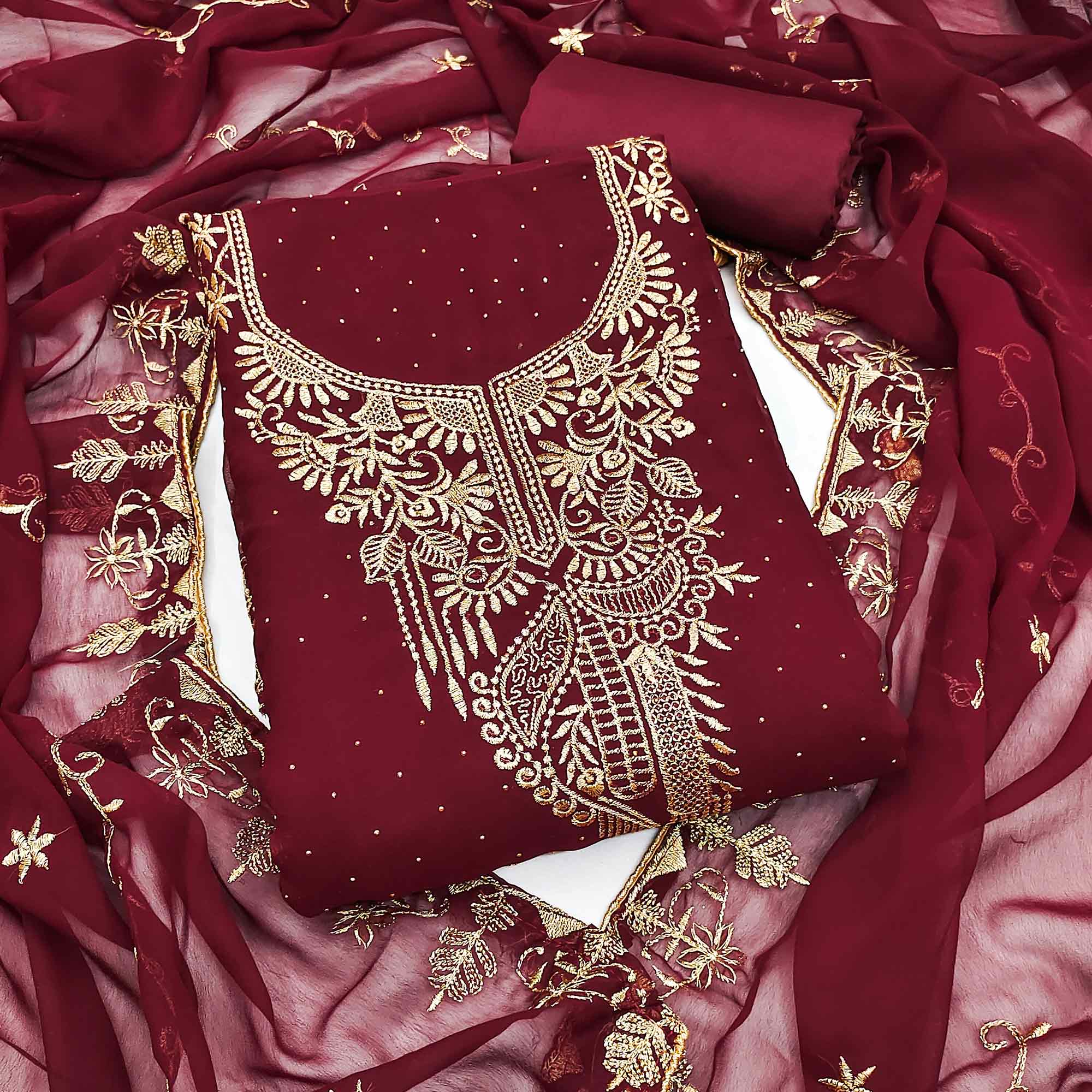 Ethnic Maroon Floral Embroidered Georgette Dress Material With Shimmering Swarovski Accents