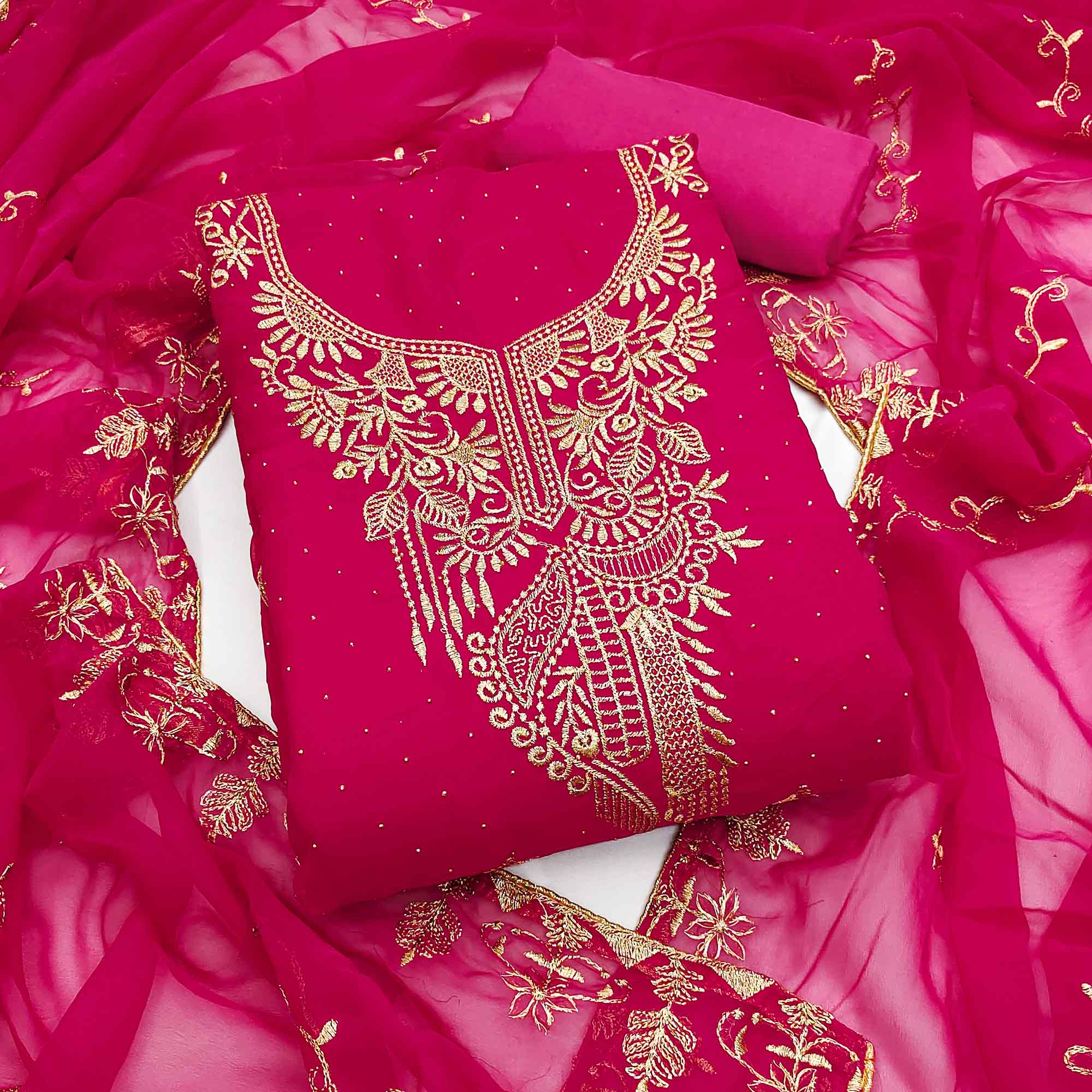 Ethnic Pink Floral Embroidered Georgette Dress Material With Shimmering Swarovski Accents